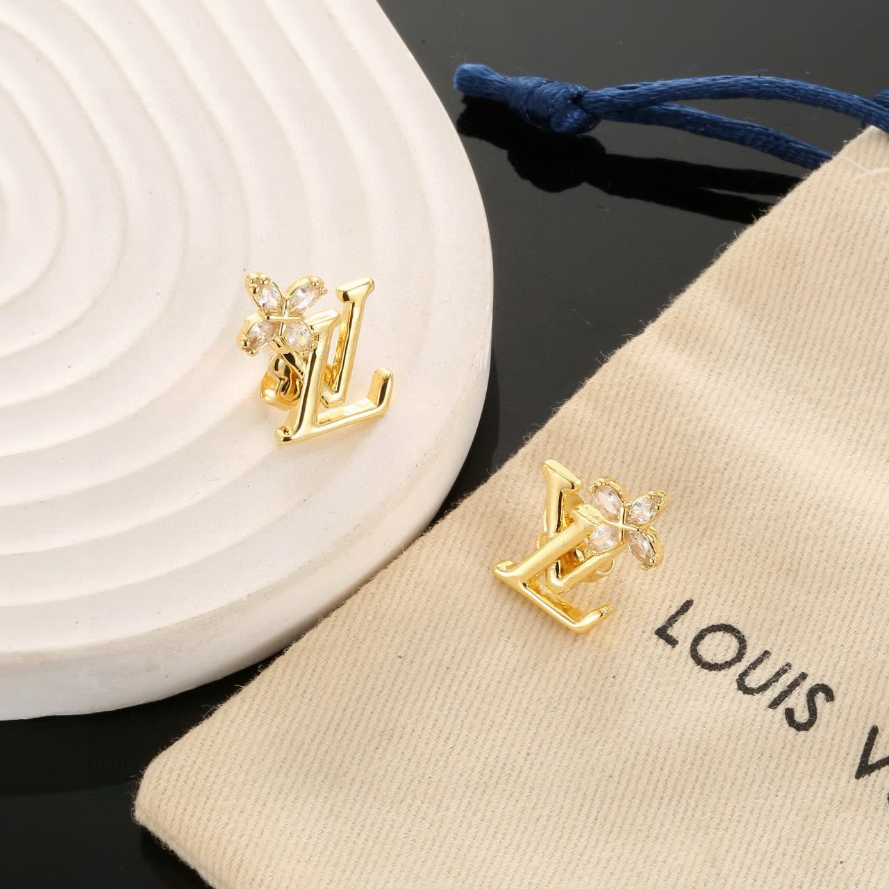 Louis Vuitton Gold Tone Crystal Flower Earrings